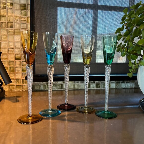 Stuart Lot 5 Long Stem Cordial Flute IONA AIR TRAP SPIRAL TWIST Colorful Crystal - Picture 11 of 16